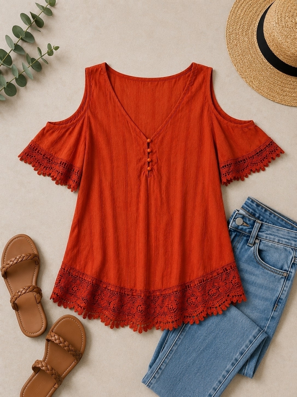 Crochet Lace Cold-Shoulder Rust Boho Peasant Top Women's Romantic Festival